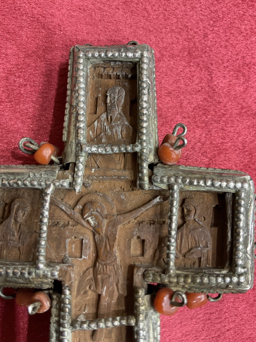 Croix Orthodoxe Du Mont Athos, Bois Sculpté, Monture En argent ,  Perles de Corails, Daté 1877-photo-5