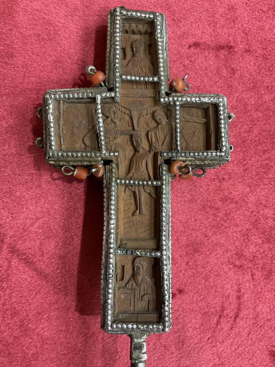 Croix Orthodoxe Du Mont Athos, Bois Sculpté, Monture En argent ,  Perles de Corails, Daté 1877-photo-6