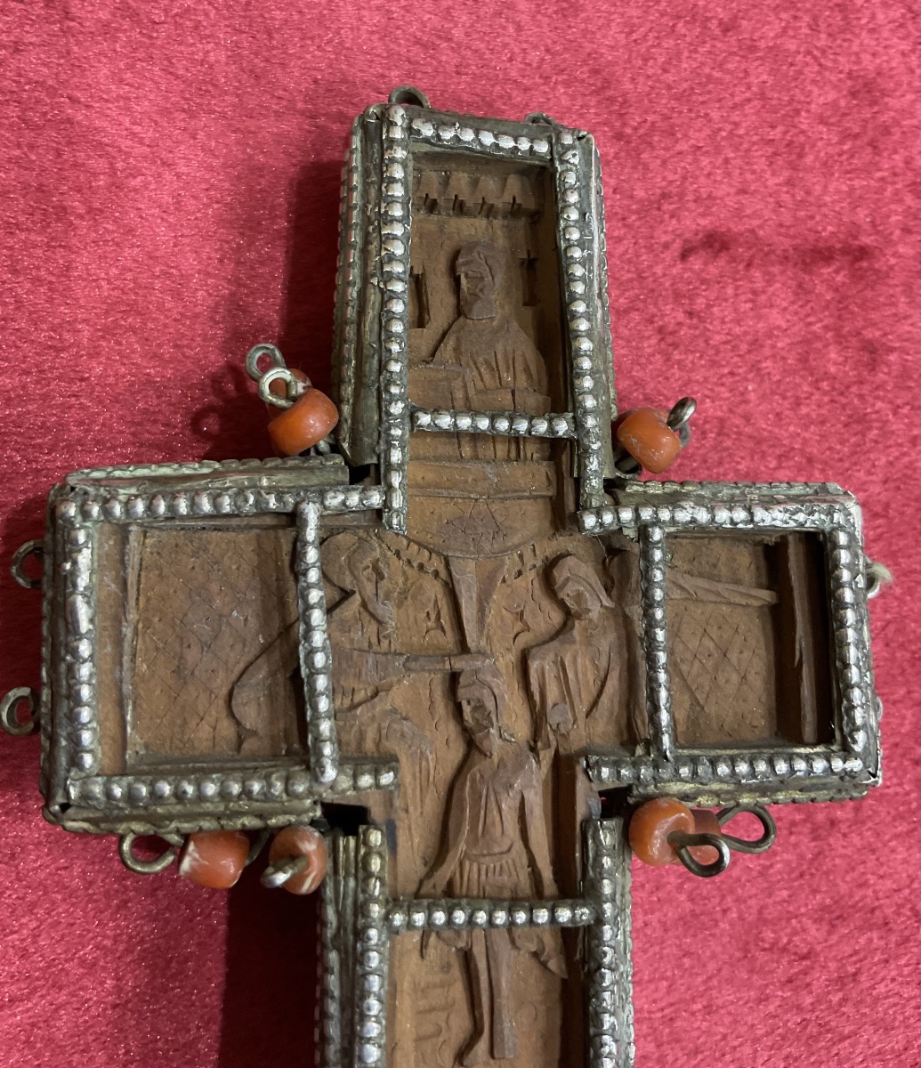 Croix Orthodoxe Du Mont Athos, Bois Sculpté, Monture En argent ,  Perles de Corails, Daté 1877-photo-8