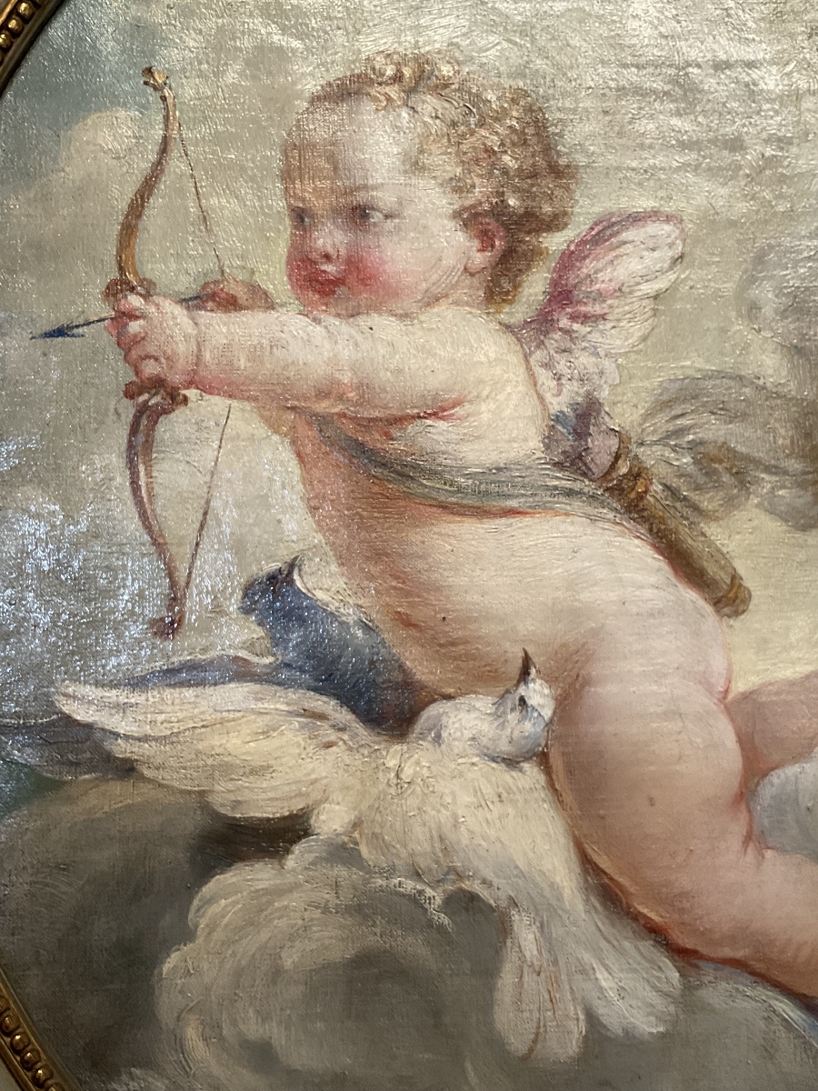 “L’Amour À L’arc «  Huile Sur Toile  De Style Rococo , Encadrement Original , France XIXè-photo-3