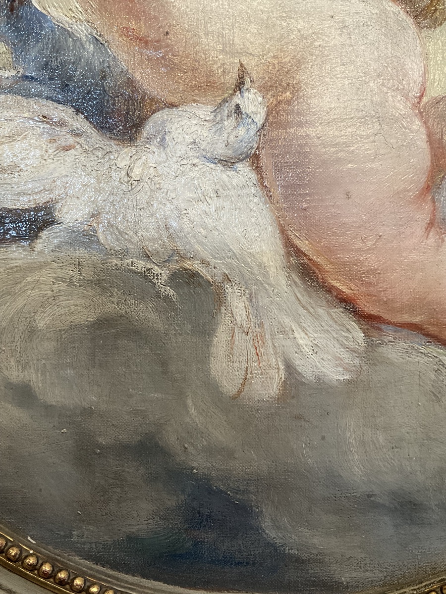 “L’Amour À L’arc «  Huile Sur Toile  De Style Rococo , Encadrement Original , France XIXè-photo-4