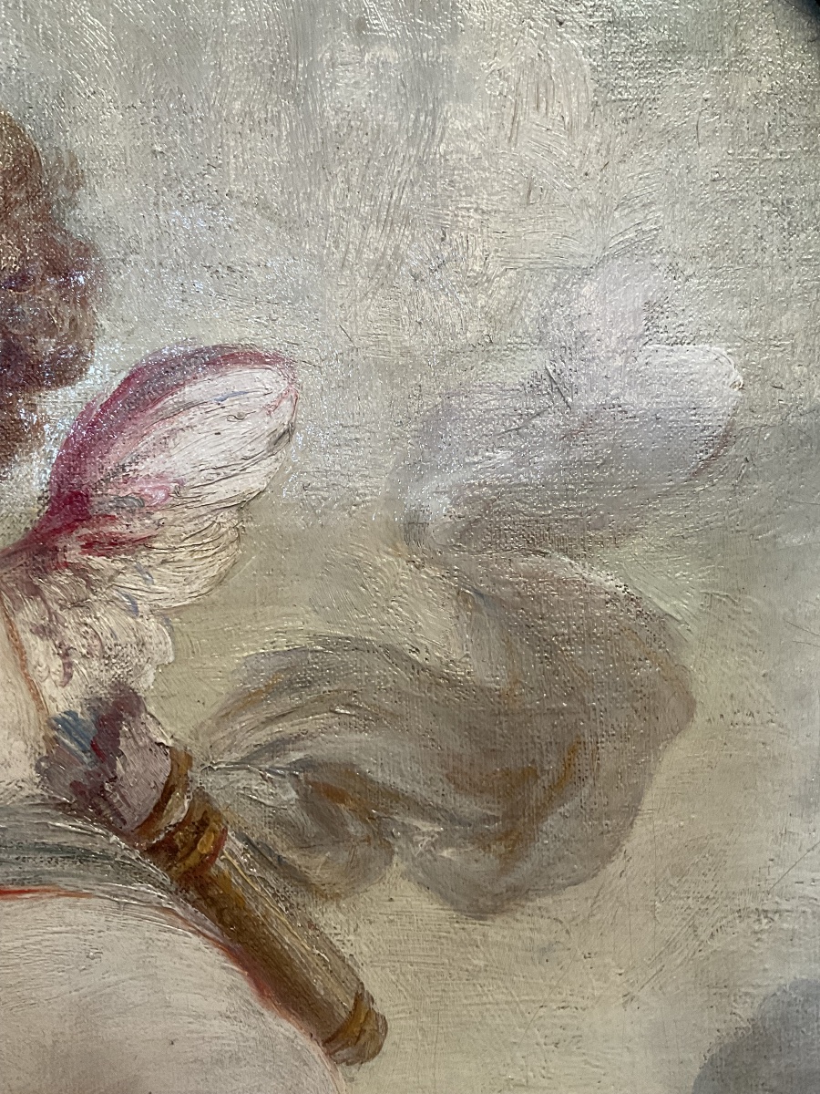 “L’Amour À L’arc «  Huile Sur Toile  De Style Rococo , Encadrement Original , France XIXè-photo-3