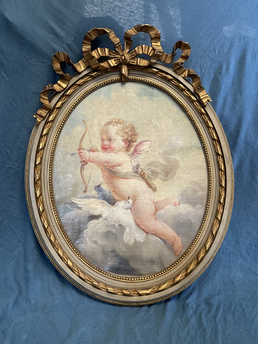 “L’Amour À L’arc «  Huile Sur Toile  De Style Rococo , Encadrement Original , France XIXè