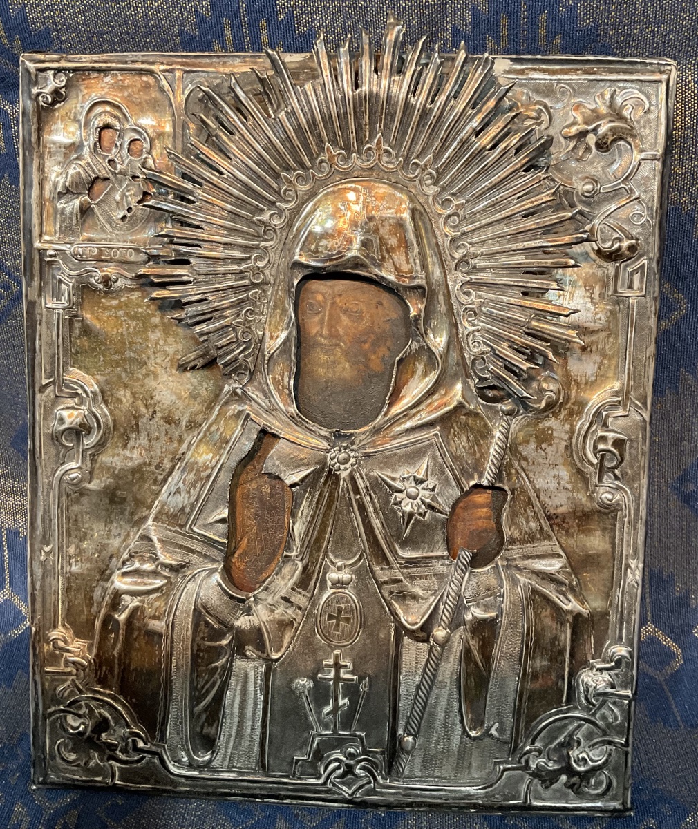 Icône D’un Saint - Moine À Oklad En Argent Sur Âme En Bois, Russie 2e Moitie De XIXeme Siècle 
