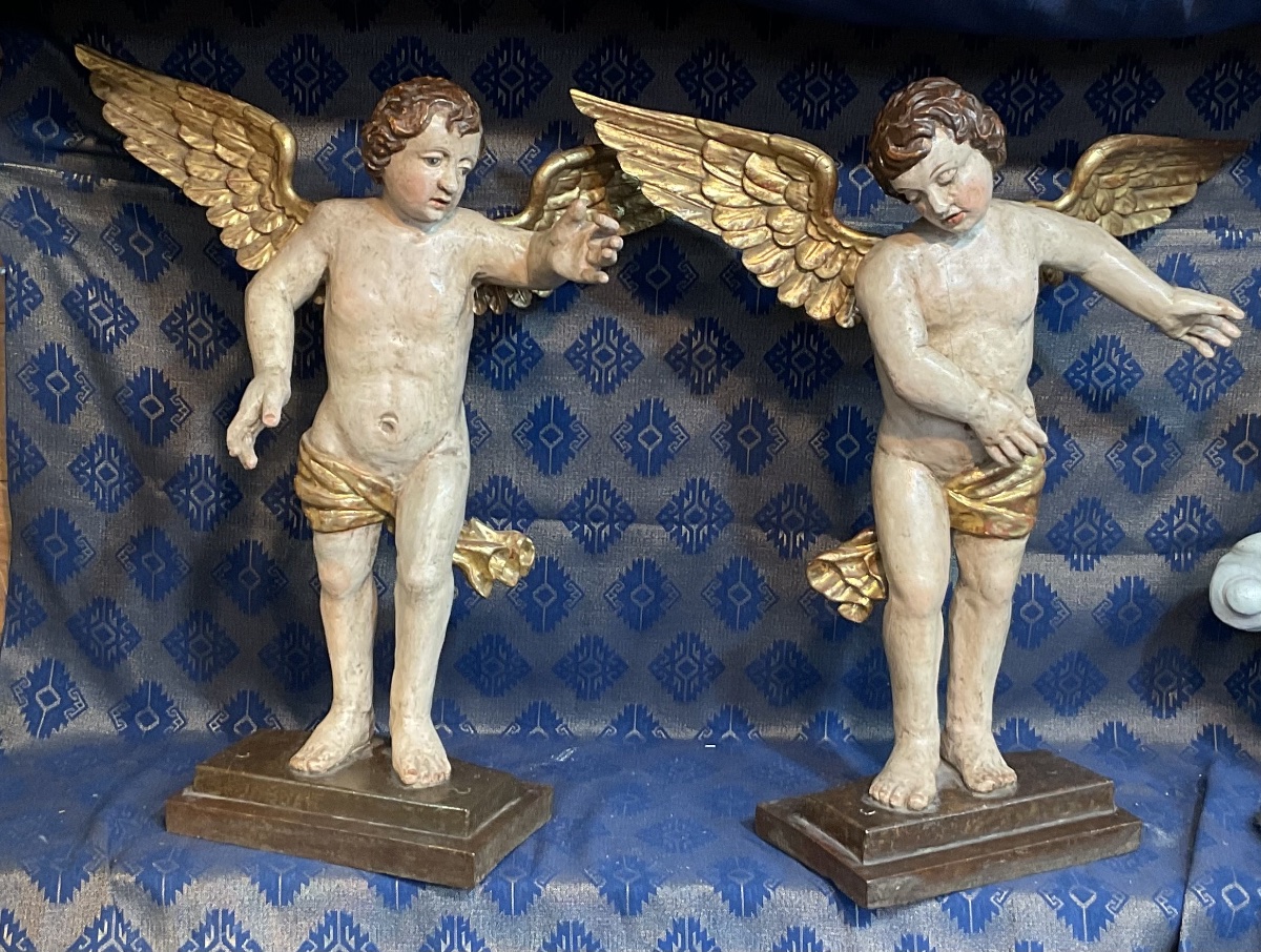 Pair Of Altar Angels, Carved And Painted Wood, Folk Art, Tyrol Or Bavaria, 18th Century-photo-7