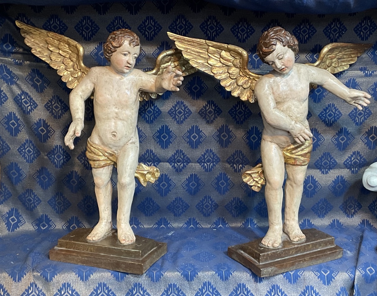 Pair Of Altar Angels, Carved And Painted Wood, Folk Art, Tyrol Or Bavaria, 18th Century