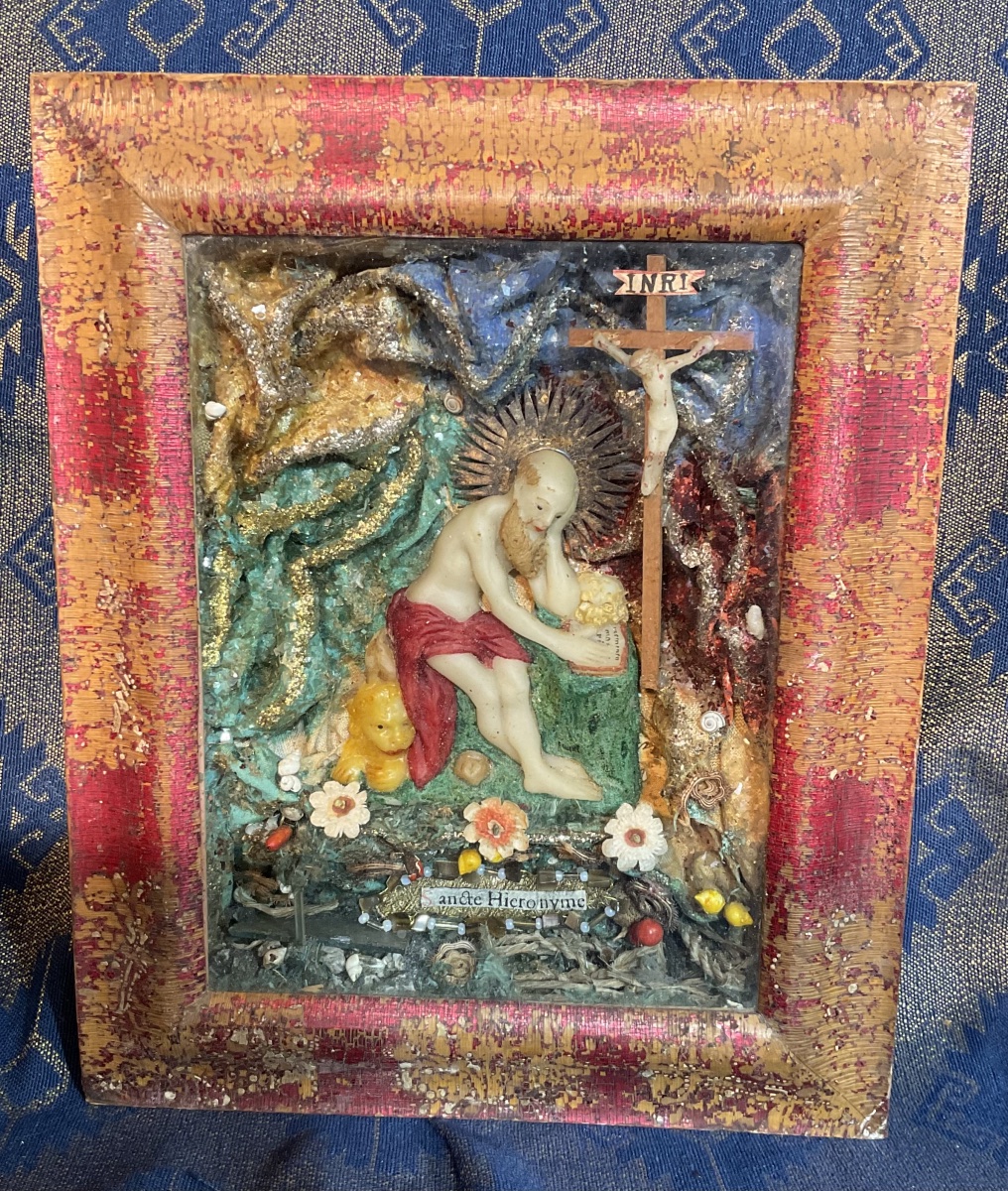 Cadre - Reliquaire , Saint Gérôme Dans Son Ermitage , Travail De Soeurs , Tyrol Fin XVIIIe