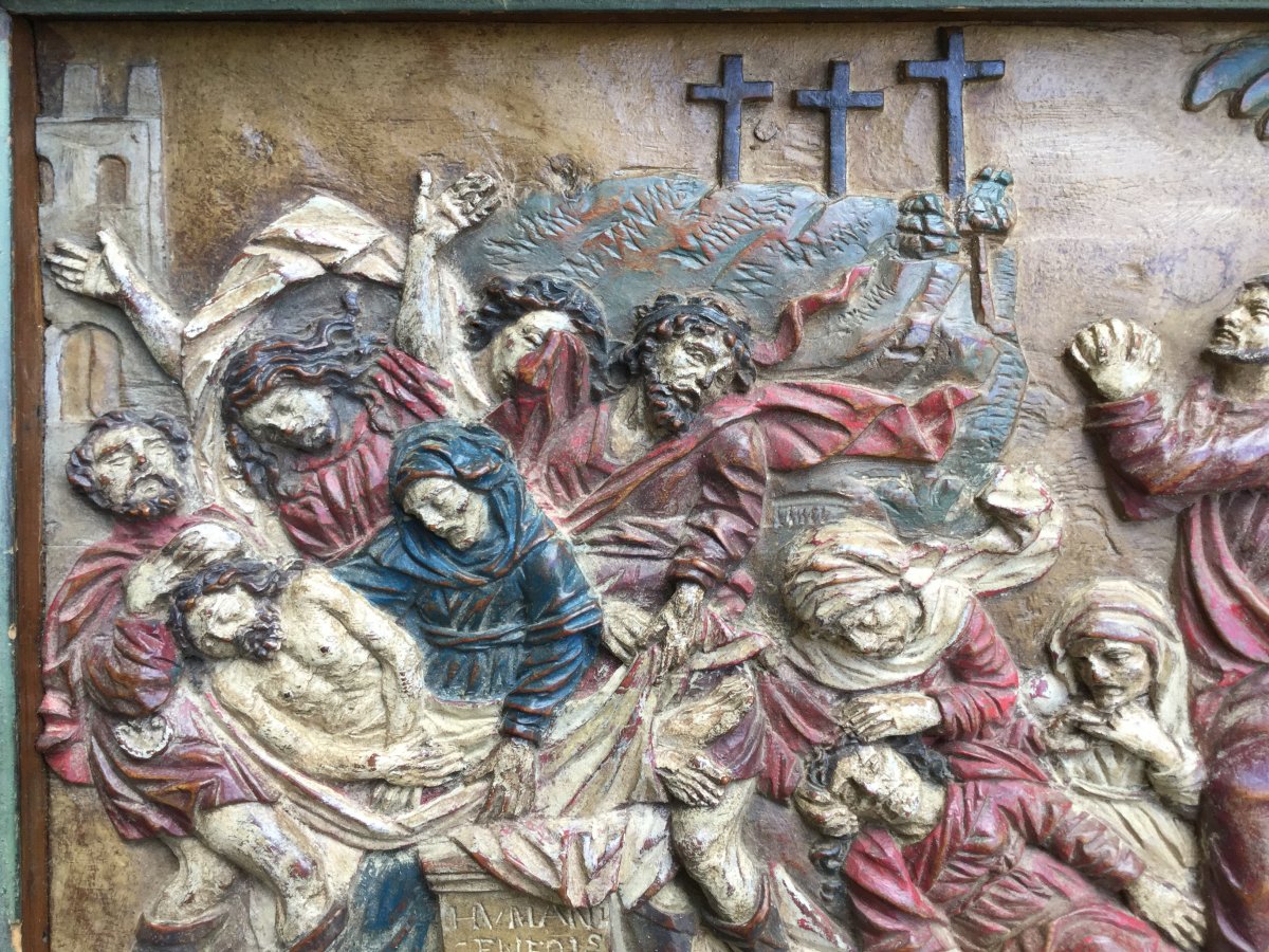 Sculpture  (bas Relief),bois Peint,la Mise Au Tombeau Du Christ, Flandre XVIIe-photo-6