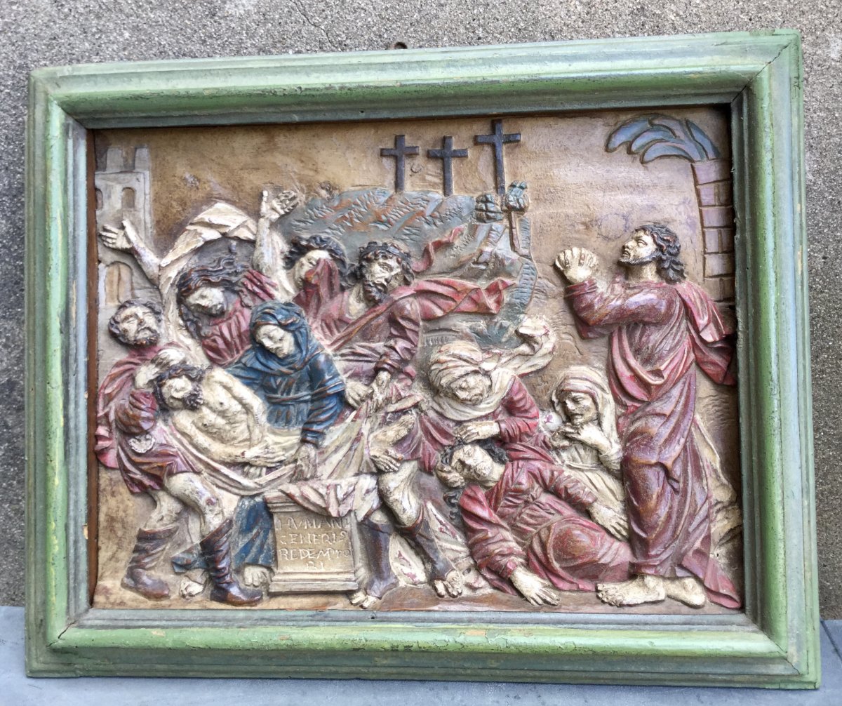 Sculpture  (bas Relief),bois Peint,la Mise Au Tombeau Du Christ, Flandre XVIIe