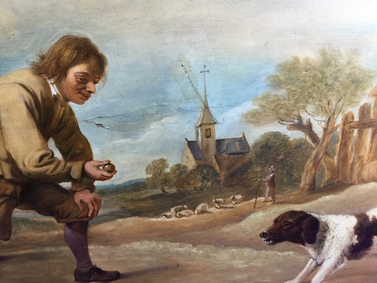 Peinture Sur Bois , D’après Teniers: «  Jeu De Balle « ,flandres XIXè -photo-3