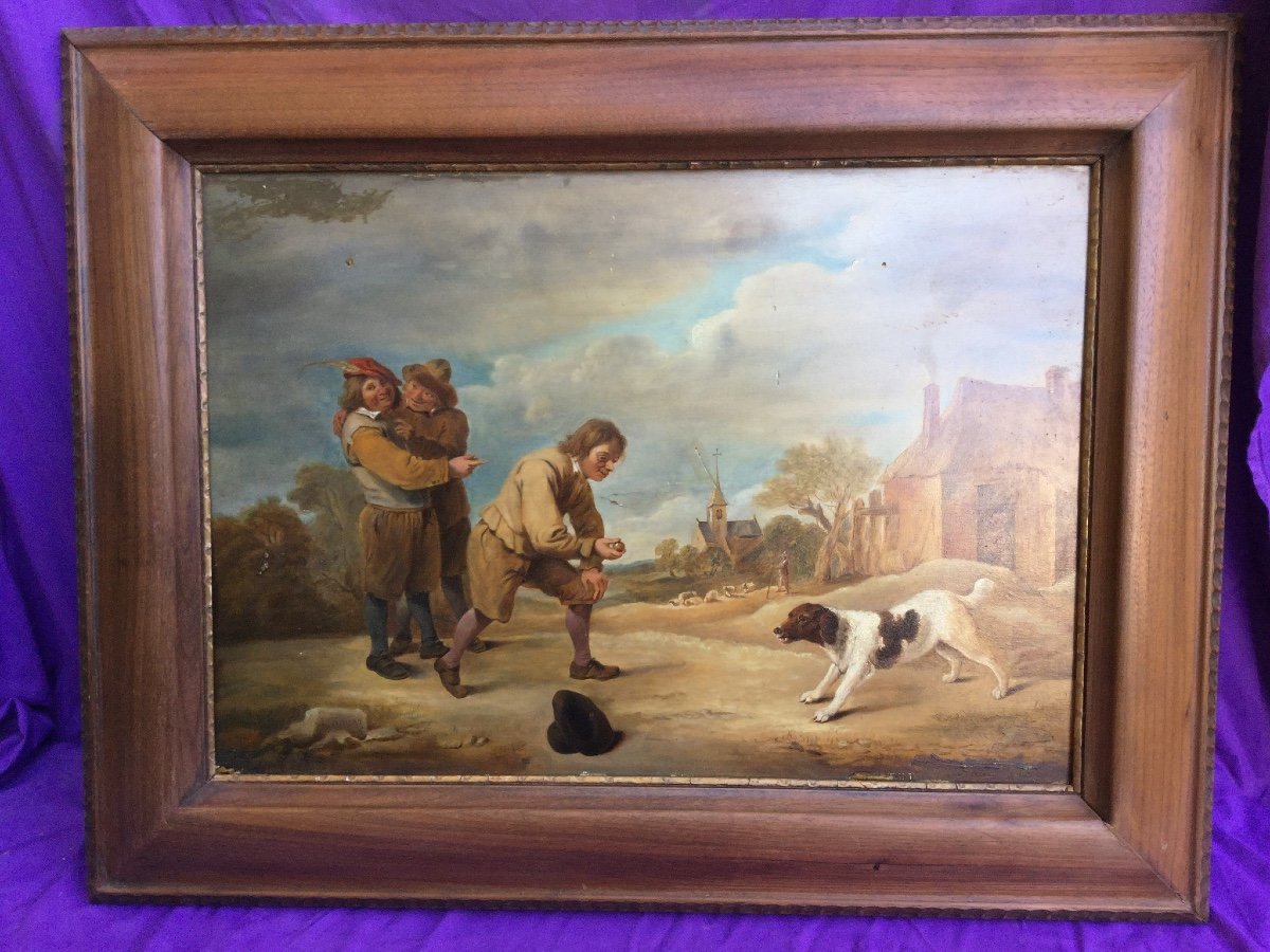 Peinture Sur Bois , D’après Teniers: «  Jeu De Balle « ,flandres XIXè 