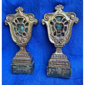 Pair Of Monstrances - Reliquaries In Gild  Wood, Italy Eighteenth Century