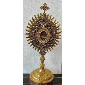Monstrance - Reliquary „ Holy Cross » Silver And Gold Metal, Tirol 18th Century