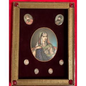 Sept Miniatures Moghols: Portraits De Beghum Zeenat Mahal Et De Sa Famille , XIXeme