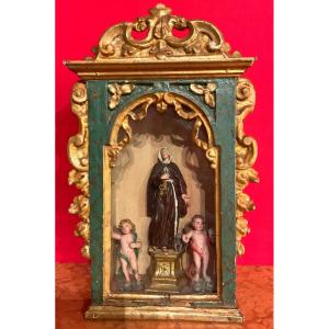 Saint Margaret Of Cortona And Two Guardian Angels, Carved And Painted Wood, Italy 18th Century