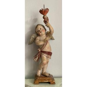 Angel Carrying A Candlestick, Carved, Painted And Gilded Wood, Tirol 18th Century