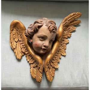 Winged Angel Head In Bas-relief, Carved Wood, Gilded, Germany 18th Century