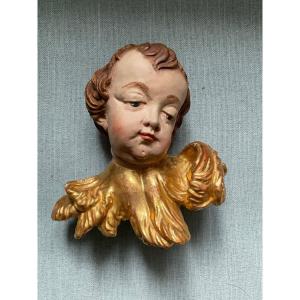Altar Angel Head, Carved, Painted And Gilded Wood, Southern Germany, 19th Century