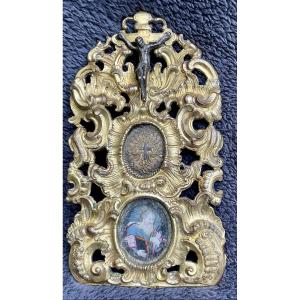 Reliquary Frame “of The True Cross” Gilded Copper, Openwork Rocaille Decoration, 18th Century Tyrol