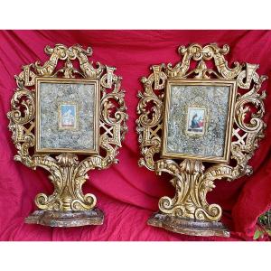 Pair Of Monstrances - Reliquaries "s.joannes Nep.-s.antonius" Carved Wood, Gilded, 18th Century