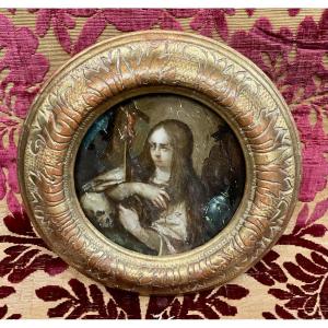 Tableau en rond ( Tondo ),Huile sur bois, « Marie Madeleine en Méditation, Europe Central XVIII