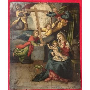 Virgin And Child With Angels Representing The Holy Cross , Oil On Copper Plate, 17th Century