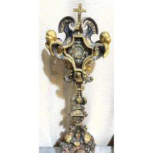 Monstrance - Reliquary, Carved Wood, Of The Holy Cross ( Silver Theca ), Italy XVIII
