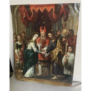 Le Mariage de Marie avec Joseph au Temple , Huile sur Cuivre , École Flamand , Fin XVIIème