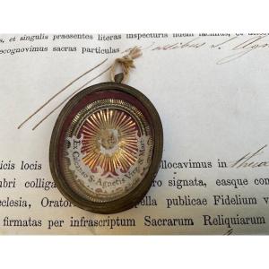 Capsule Reliquaire( Theca) de la Sainte  Agnès avec Authentique , Rome, 1884