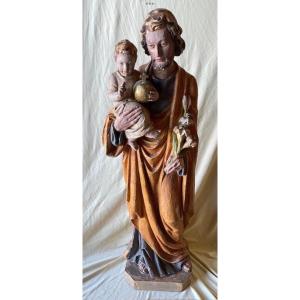 Saint Joseph et l’Enfant Jésus, Bois Sculpté et Polychromé Tyrol, XIXe siècle