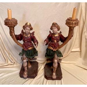 Paire d’Anges Porte-Cierge en Bois Sculpté et peint,Tyrol, environ 1900