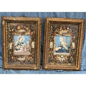 Pair Of Frames—reliquaries, Tyrolean Folk Art (made By Nuns), Circa 1800