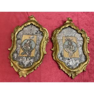 Pair Of Sisters' Mirrors (convent Work) Fabric Portraits Of Saints, Tyrol, 18th Century