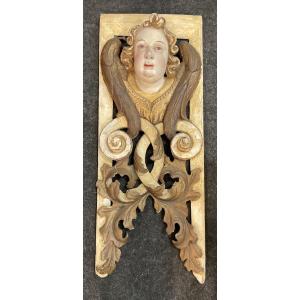 Church Architectural Element, Wood Carved In Bas-relief With Angel Head Motifs, Tyrol, 18th Century