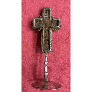Orthodox Cross From Mount Athos, Carved Wood, Silver Setting, Coral Beads, Dated 1877