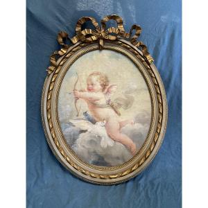 “L’Amour À L’arc « Huile Sur Toile De Style Rococo , Encadrement Original , France XIXè