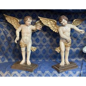Paire D’Anges D’Autel , Bois Sculpté Et Peint, L’Art Populaire , Tyrol Ou Bavière, XVIIIe