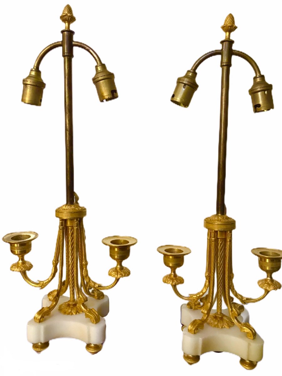 Pair Of Candelabra Candlestick Lamps Electrified Gilt Bronze Marble Louis XVI Style