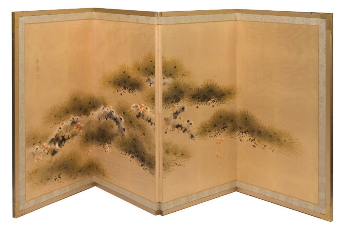 Japanese Yōkyoku Byōbu Screen With Pine Decor