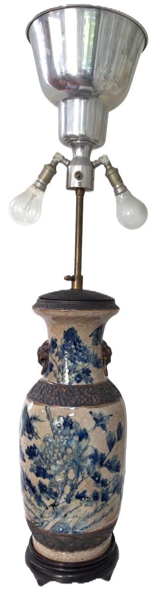 Lampe Vase Balustre Porcelaine De Nankin à Décor d'Oiseaux Et De Feuillage