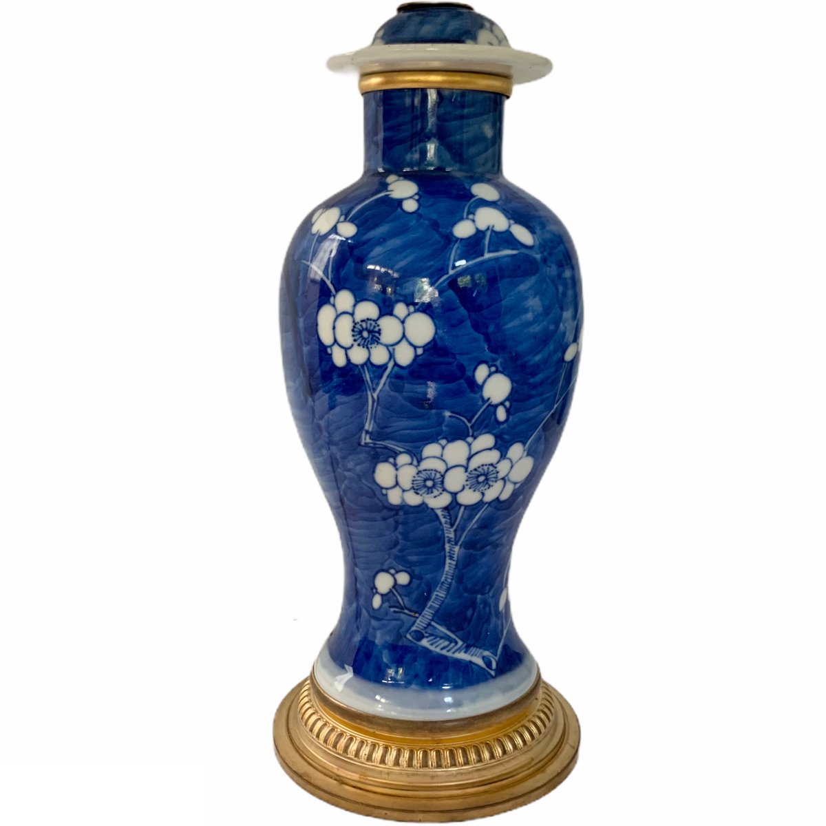 Chinese Porcelain Covered Vase Lamp Blue And White Gilt Bronze Frame-photo-2