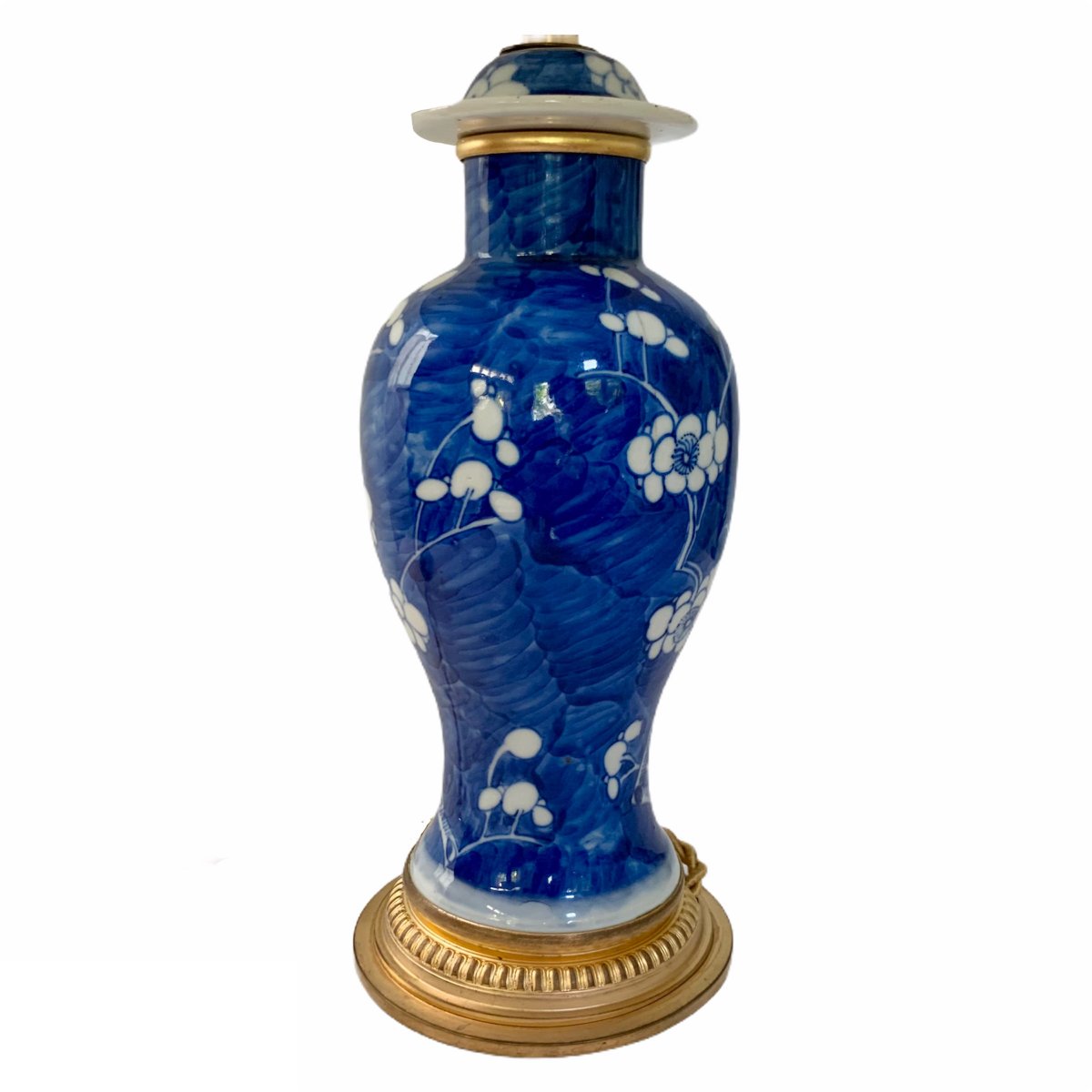 Lampe Vase Couvert En Porcelaine De Chine Bleu Et Blanc Monture Bronze Doré-photo-3