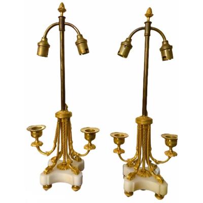 Pair Of Candelabra Candlestick Lamps Electrified Gilt Bronze Marble Louis XVI Style