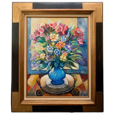 Huile Sur Toile Signé Pajo Nature Morte Bouquet De Fleurs 