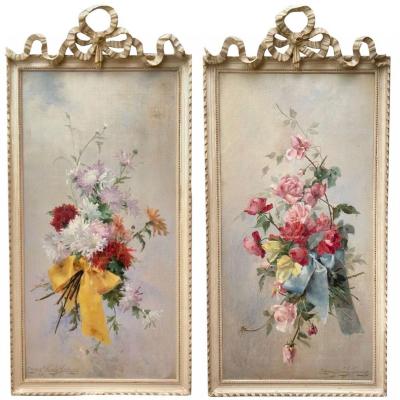 Emma Fanty Lescure, Paire d'Huiles Sur Toiles, Bouquets De Fleurs Aux Noeuds