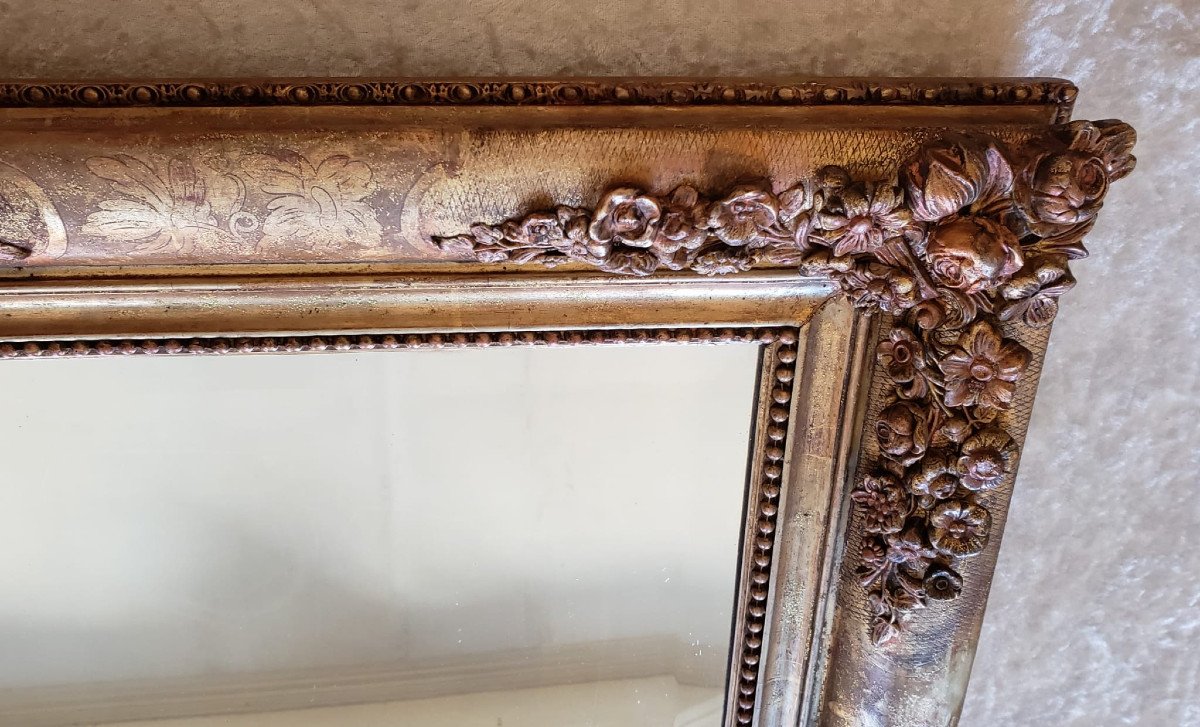 Miroir bois et stuc doré de style Restauration à décor de roses -  XIX° - 64 X 56 cm-photo-4