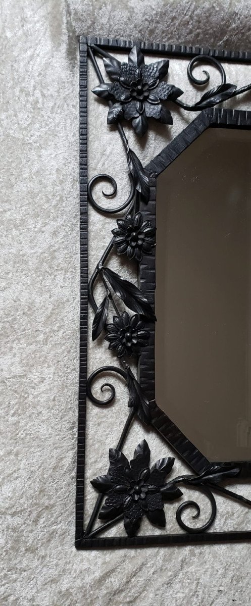 Art Deco Octagonal Wrought Iron Mirror In The Style Of Edgar Brandt-photo-4
