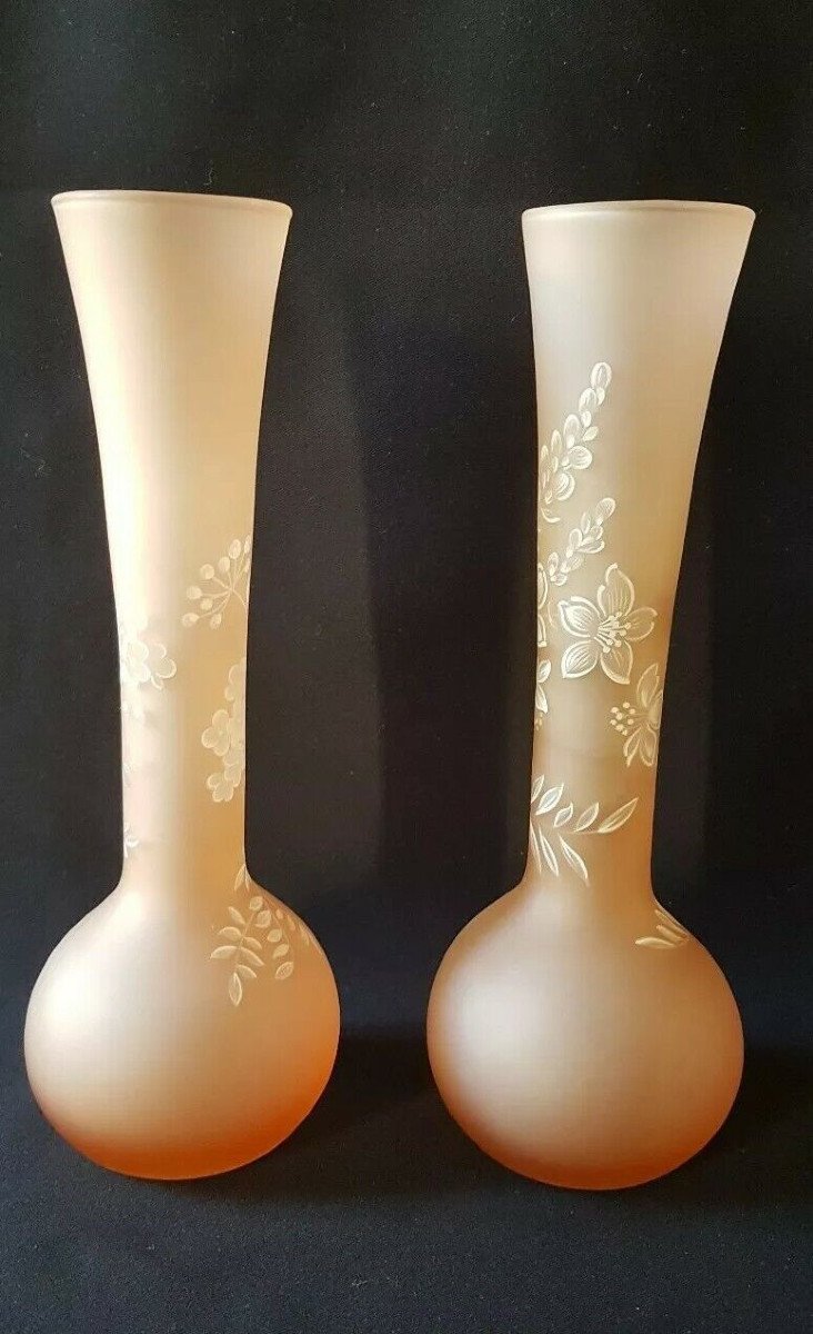 Pair Of Vases In Molten Glass With A Painted Pattern. Beginning Of The 20th Century-photo-3