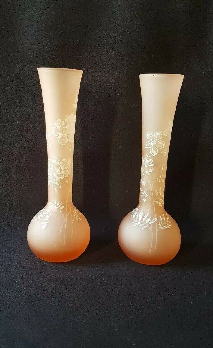 Pair Of Vases In Molten Glass With A Painted Pattern. Beginning Of The 20th Century