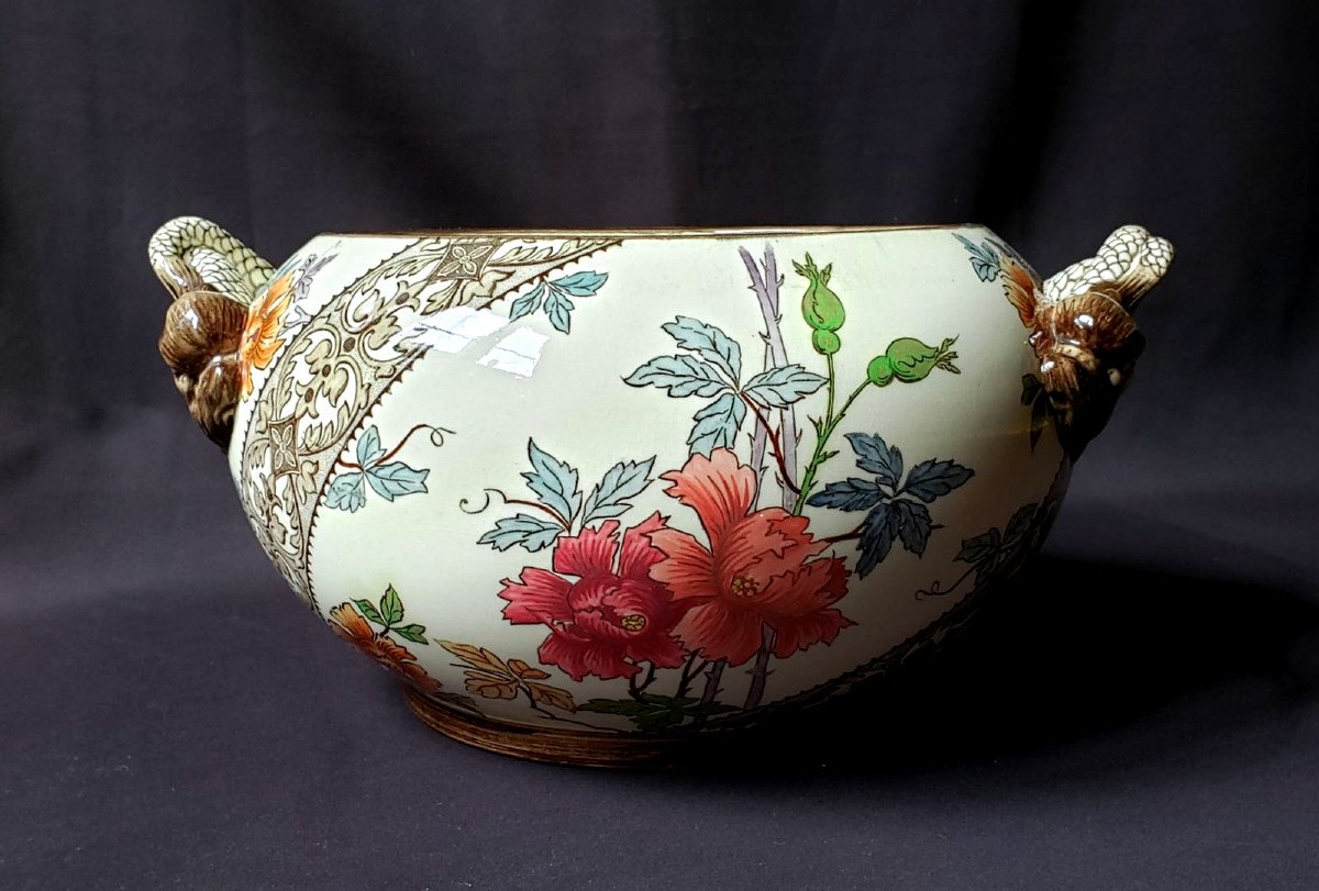 Important Cachepot With Floral Decor And Dolphin Handles - Gien XIX° 1875-photo-2